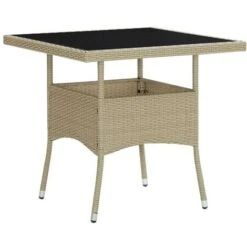 Outdoor Dining Table Beige Poly Rattan And Glass VidaXL