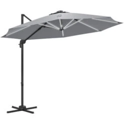 Outsunny Cantilever Parasol Adjustable Garden Sun Umbrella W/ LED Solar Light Light Grey