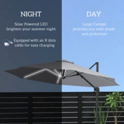 Outsunny Cantilever Parasol Adjustable Garden Sun Umbrella W/ LED Solar Light Light Grey -Outdoor Furniture Store 29648624 4