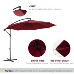 Outsunny 3m Garden Banana Parasol Cantilever Umbrella W/Crank& Base Wine Red -Outdoor Furniture Store 29750033 5