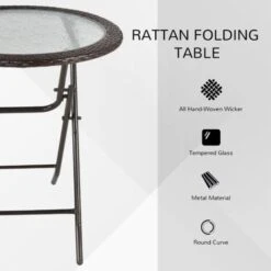 Outsunny Folding Round Tempered Glass Metal Table With Brown Rattan Edging -Outdoor Furniture Store 29750090 4