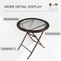 Outsunny Folding Round Tempered Glass Metal Table With Brown Rattan Edging -Outdoor Furniture Store 29750090 5