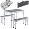 Portable Aluminium Camping Table & 2 Folding Benches With Case Feature White Grey Grey -Outdoor Furniture Store 29963244 1