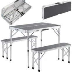 Portable Aluminium Camping Table & 2 Folding Benches With Case Feature White Grey Grey