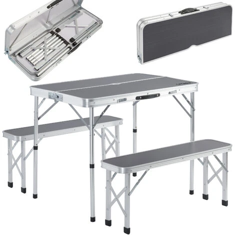 Portable Aluminium Camping Table & 2 Folding Benches With Case Feature White Grey Grey 3 Portable Aluminium Camping Table & 2 Folding Benches With Case Feature White Grey Grey
