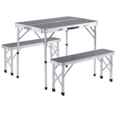 Portable Aluminium Camping Table & 2 Folding Benches With Case Feature White Grey Grey 4 Portable Aluminium Camping Table & 2 Folding Benches With Case Feature White Grey Grey - Image 2