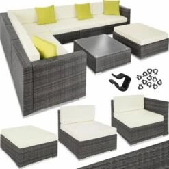 Rattan Garden Set Marbella 7 Seats, 1 Table - Garden Sofa, Garden Corner Sofa, Rattan Sofa - Grey