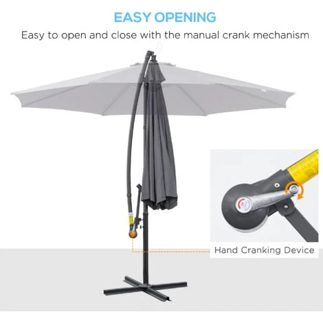 Outsunny 3(m) Cantilever Parasol Banana Umbrella W/ Crank & Tilt, Cross Base Grey 6 Outsunny 3(m) Cantilever Parasol Banana Umbrella W/ Crank & Tilt, Cross Base Grey - Image 4