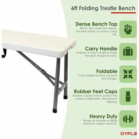 Oypla 6ft 1.8m Folding Heavy Duty Outdoor 4 Person Trestle Bench Chair 4 Oypla 6ft 1.8m Folding Heavy Duty Outdoor 4 Person Trestle Bench Chair - Image 2