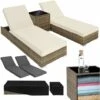 Sun Lounger Pair 2 Loungers, 1 Side Table & Cover - Reclining Sun Lounger, Garden Lounge Chair, Sun Chair - Nature