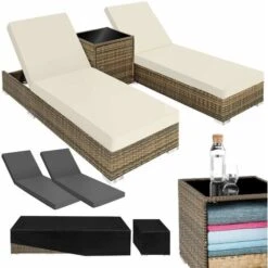 Sun Lounger Pair 2 Loungers, 1 Side Table & Cover - Reclining Sun Lounger, Garden Lounge Chair, Sun Chair - Nature