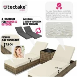 Sun Lounger Pair 2 Loungers, 1 Side Table & Cover - Reclining Sun Lounger, Garden Lounge Chair, Sun Chair - Nature -Outdoor Furniture Store 30113074 5