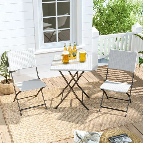 Livingandhome Set Of 3 Rattan Garden Foldable Coffee Table And Chairs Set, White 3 Livingandhome Set Of 3 Rattan Garden Foldable Coffee Table And Chairs Set, White