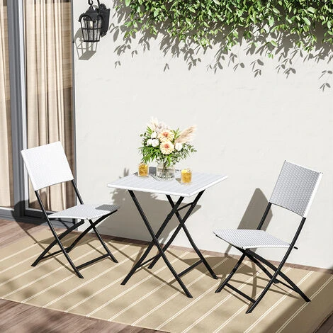 Livingandhome Set Of 3 Rattan Garden Foldable Coffee Table And Chairs Set, White 4 Livingandhome Set Of 3 Rattan Garden Foldable Coffee Table And Chairs Set, White - Image 2