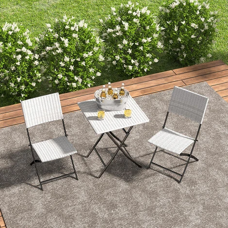 Livingandhome Set Of 3 Rattan Garden Foldable Coffee Table And Chairs Set, White 5 Livingandhome Set Of 3 Rattan Garden Foldable Coffee Table And Chairs Set, White - Image 3