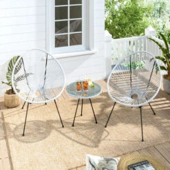 Livingandhome Set Of 3 Outdoor Egg Designer Patio Furniture Set Table And 2 Chairs, White -Outdoor Furniture Store 30465018 3