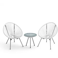 Livingandhome Set Of 3 Outdoor Egg Designer Patio Furniture Set Table And 2 Chairs, White -Outdoor Furniture Store 30465018 4