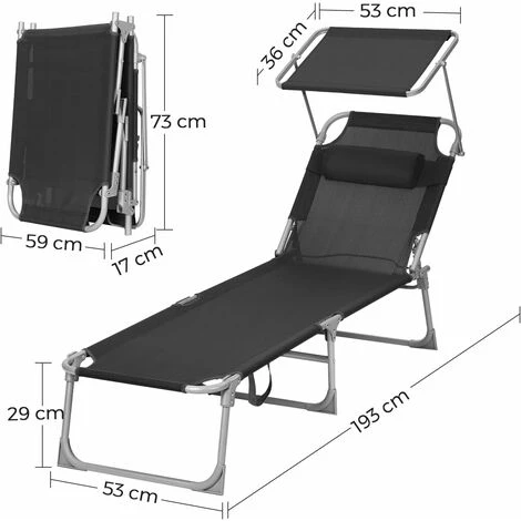 Songmics Sun Lounger, Sunbed, Reclining Sun Chair, With Headrest, Adjustable Backrest, Sunshade, Lightweight, Foldable, 53 X 193 X 29.5 Cm, Load Capacity 150 Kg, For Garden, Black GCB192B01 7 Songmics Sun Lounger, Sunbed, Reclining Sun Chair, With Headrest, Adjustable Backrest, Sunshade, Lightweight, Foldable, 53 X 193 X 29.5 Cm, Load Capacity 150 Kg, For Garden, Black GCB192B01 - Image 5