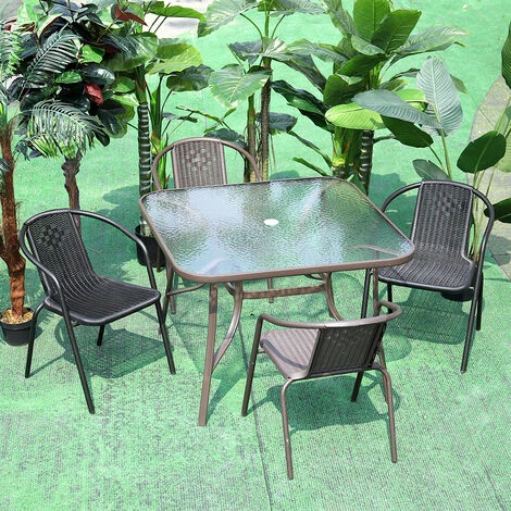 Livingandhome Garden Ripple Glass Square Table And Stackable Chair Set With Umbrella Hole, Brown Table + 2 Chairs 3 Livingandhome Garden Ripple Glass Square Table And Stackable Chair Set With Umbrella Hole, Brown Table + 2 Chairs