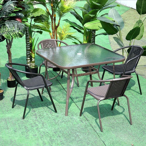 Livingandhome Garden Ripple Glass Square Table And Stackable Chair Set With Umbrella Hole, Brown Table + 2 Chairs 4 Livingandhome Garden Ripple Glass Square Table And Stackable Chair Set With Umbrella Hole, Brown Table + 2 Chairs - Image 2