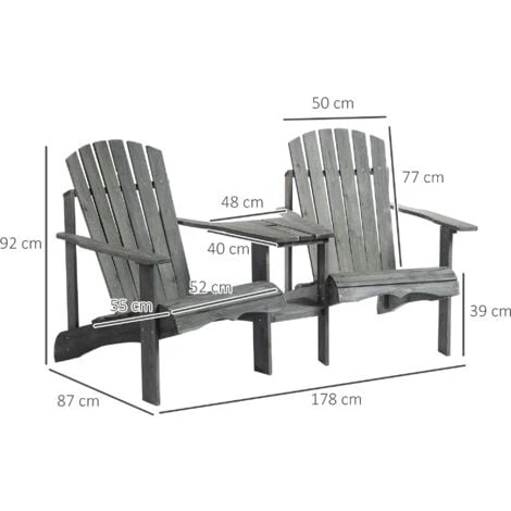 Outsunny Wooden Double Adirondack Chair W/ Center Table & Umbrella Hole Grey 4 Outsunny Wooden Double Adirondack Chair W/ Center Table & Umbrella Hole Grey - Image 2
