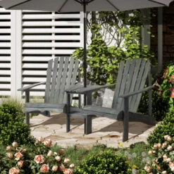 Outsunny Wooden Double Adirondack Chair W/ Center Table & Umbrella Hole Grey 9 Outsunny Wooden Double Adirondack Chair W/ Center Table & Umbrella Hole Grey -Outdoor Furniture Store 31616040 3