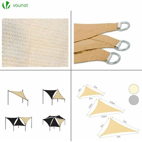 VOUNOT HDPE Sun Shade Sail Triangle With Fixing Kits, 5x5x5M, Ivory 6 VOUNOT HDPE Sun Shade Sail Triangle With Fixing Kits, 5x5x5M, Ivory - Image 4