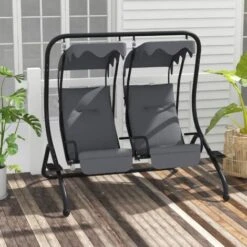 Outsunny Canopy Swing 2 Separate Relax Chairs W/ Handrails, Cup Holders Grey -Outdoor Furniture Store 31846936 3