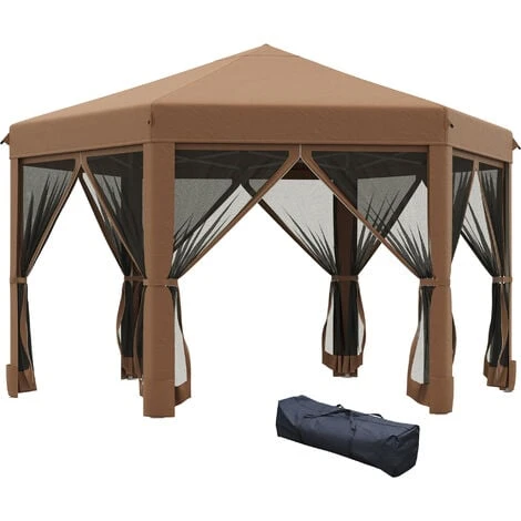 Outsunny 3.2m Pop Up Gazebo Hexagonal Canopy Tent Outdoor W/Sidewalls Brown 3 Outsunny 3.2m Pop Up Gazebo Hexagonal Canopy Tent Outdoor W/Sidewalls Brown