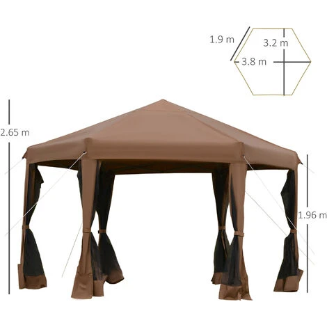 Outsunny 3.2m Pop Up Gazebo Hexagonal Canopy Tent Outdoor W/Sidewalls Brown 4 Outsunny 3.2m Pop Up Gazebo Hexagonal Canopy Tent Outdoor W/Sidewalls Brown - Image 2
