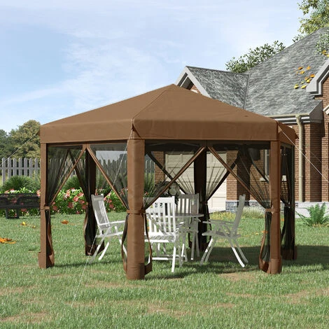 Outsunny 3.2m Pop Up Gazebo Hexagonal Canopy Tent Outdoor W/Sidewalls Brown 5 Outsunny 3.2m Pop Up Gazebo Hexagonal Canopy Tent Outdoor W/Sidewalls Brown - Image 3