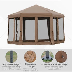 Outsunny 3.2m Pop Up Gazebo Hexagonal Canopy Tent Outdoor W/Sidewalls Brown 11 Outsunny 3.2m Pop Up Gazebo Hexagonal Canopy Tent Outdoor W/Sidewalls Brown -Outdoor Furniture Store 32170472 5