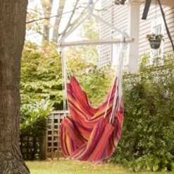 Outsunny Garden Hammock Chair Yard Hanging Rope Cotton Cloth W/ Ropes Red Stripes -Outdoor Furniture Store 3259317 3