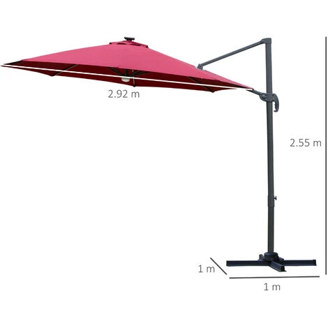 Outsunny 3(m) LED Cantilever Parasol Outdoor With Base Solar Lights Red 4 Outsunny 3(m) LED Cantilever Parasol Outdoor With Base Solar Lights Red - Image 2