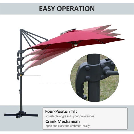 Outsunny 3(m) LED Cantilever Parasol Outdoor With Base Solar Lights Red 7 Outsunny 3(m) LED Cantilever Parasol Outdoor With Base Solar Lights Red - Image 5