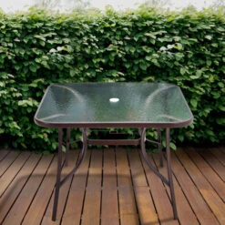 Livingandhome105CM Garden Ripple Glass Square Table With Umbrella Hole, Brown