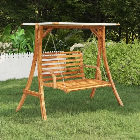 Swing Frame With Cream Roof Solid Bent Wood With Teak Finish VidaXL 4 Swing Frame With Cream Roof Solid Bent Wood With Teak Finish VidaXL - Image 2