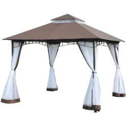 Outsunny Garden Gazebo Wedding Canopy Shelter Mesh Square Party Brown 3 X 3m