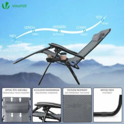 VOUNOT Set Of 2 Zero Gravity Chair And Matching Table, Reclining Sun Loungers With Cup & Phone Holder, Grey -Outdoor Furniture Store 34691926 3