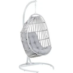 Modern Hanging Chair PE Rattan Light Grey Egg Chair Patio Indoor With Stand Sesia