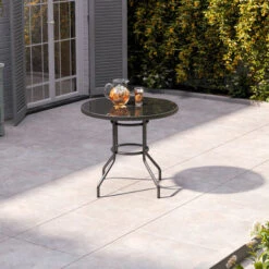 Livingandhome 80CM Garden Glass Top Table With Umbrella Hole, Round -Outdoor Furniture Store 35478024 3