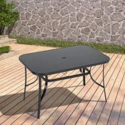 Livingandhome Black Garden Glass Top Rectangle Table With Umbrella Hole, 120CM