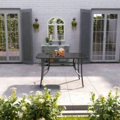 Livingandhome Black Garden Glass Top Rectangle Table With Umbrella Hole, 120CM -Outdoor Furniture Store 35478034 3