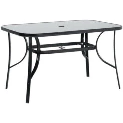Livingandhome Black Garden Glass Top Rectangle Table With Umbrella Hole, 120CM -Outdoor Furniture Store 35478034 4