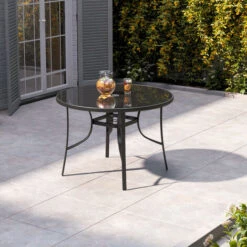 Livingandhome 105CM Garden Glass Top Table With Umbrella Hole, Round -Outdoor Furniture Store 35478068 3