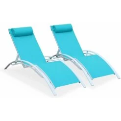 Pair Of Aluminium And Textilene Sun Loungers, 4 Reclining Positions, Headrest Included, Stackable - Louisa - White Frame, Turquoise Textilene
