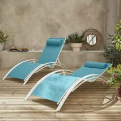 Pair Of Aluminium And Textilene Sun Loungers, 4 Reclining Positions, Headrest Included, Stackable - Louisa - White Frame, Turquoise Textilene -Outdoor Furniture Store 3557071 3