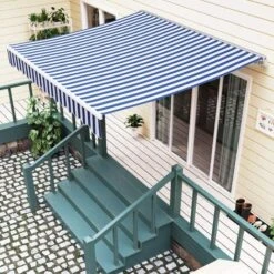 BAMNY Manual Awning For Patio, Courtyard, Balcony, Restaurant, Café Awning With Articulated Arm, UV Protection And Waterproof 2.5 X 2m (Blue-White)