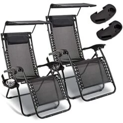 2x Black Folding Sun Chair Loungers With Canopy And Drinks Holder