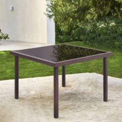 Livingandhome 105CM Patio Garden Square Rattan Frame Glass Top Table,Brown